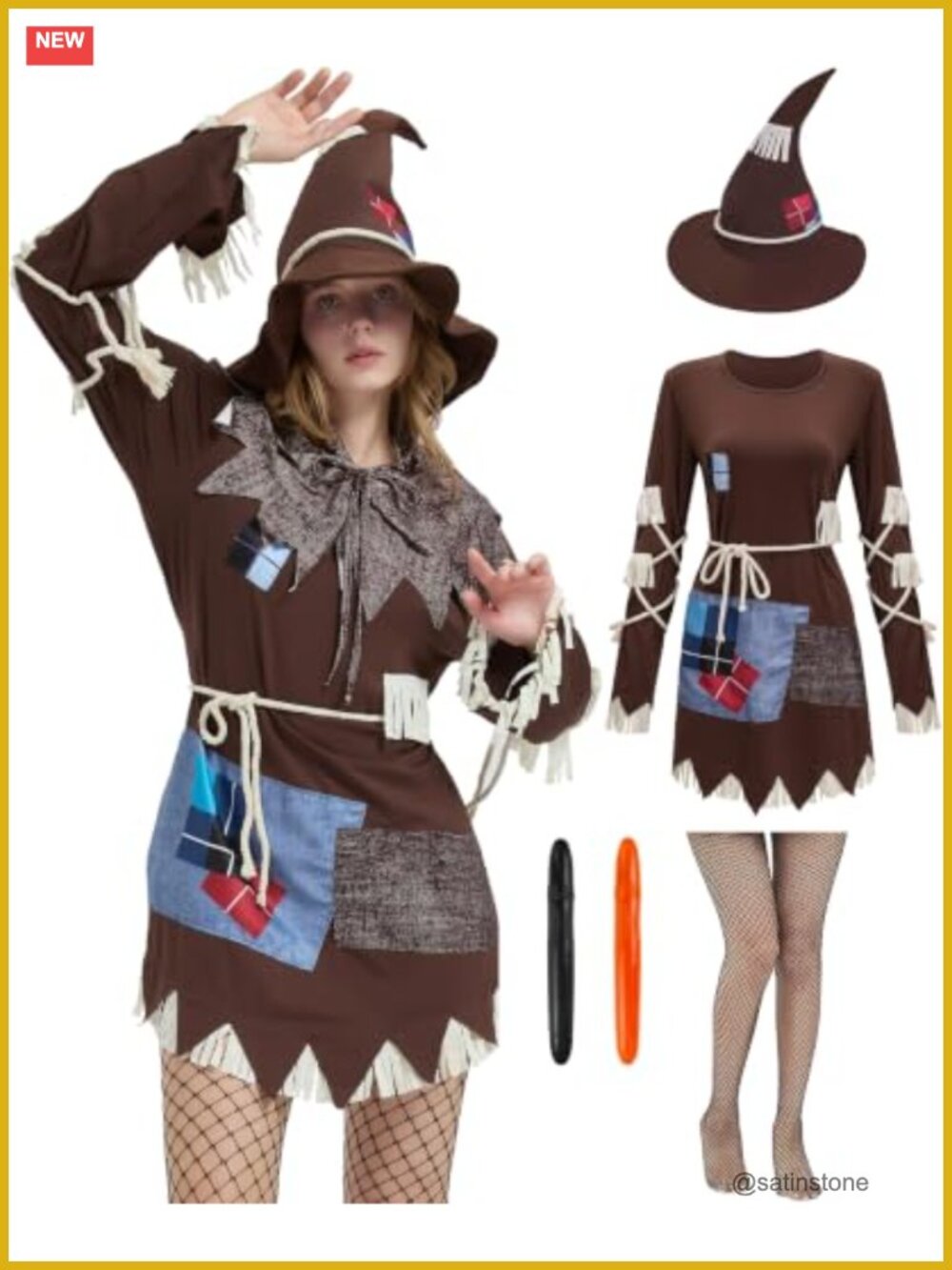Scarecrow Halloween Costume Set Adult Wizard Cosplay Patchwork Dress